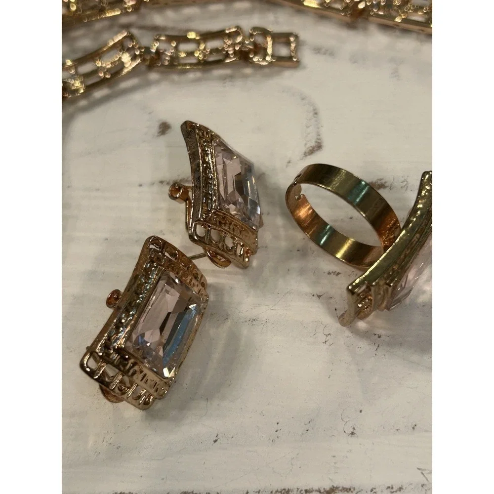 1980's Full Parure Gold Tone Pink Stones Collar Necklace Bracelet Earrings Ring